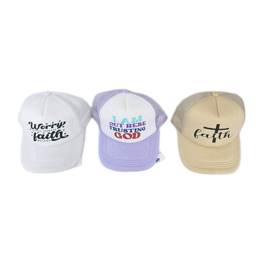 Set Of 3 Fun Work Trucker Hat Cap Mesh Snap Back‎ Faith Trusting God Worry Ends